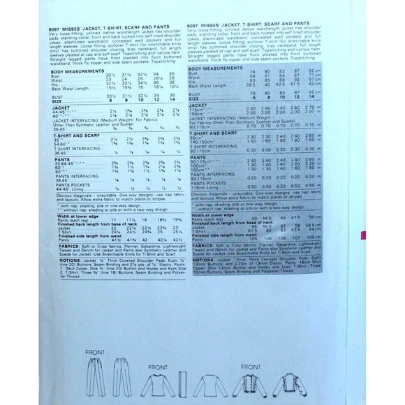 Vogue Patterns Misses Sewing Pattern 8097 Jacket T-Shirt Scarf Pants Size 8 - Picture 2 of 2